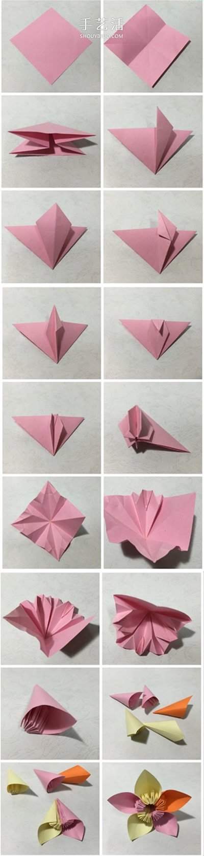 3种立体樱花的折纸方法 先折花瓣再组成纸花(图4) 3种立体樱花的折纸方法 先折花瓣再组成纸花(图4)