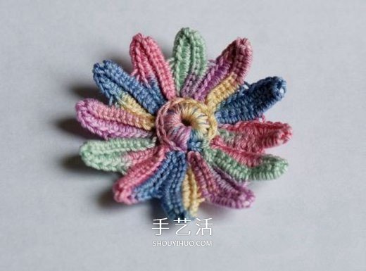 钩针编织五彩菊的方法图解 单元菊花的钩织方法(图9) 钩针编织五彩菊的方法图解 单元菊花的钩织方法(图9)