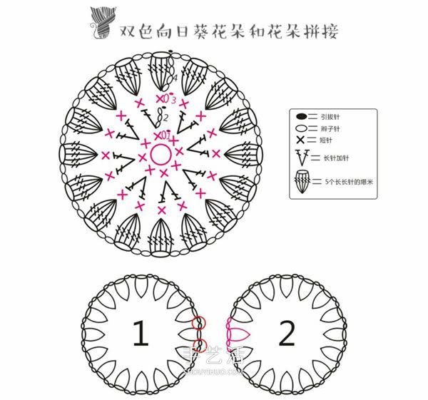 方形带流苏坐垫的钩法图解 双色向日葵图案~(图1) 方形带流苏坐垫的钩法图解 双色向日葵图案~(图1)