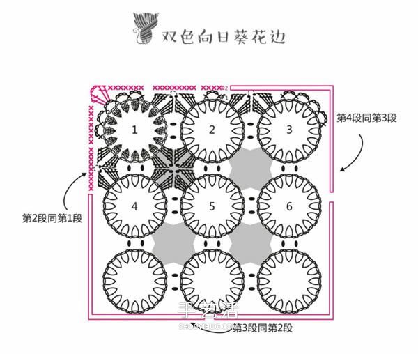 方形带流苏坐垫的钩法图解 双色向日葵图案~(图2) 方形带流苏坐垫的钩法图解 双色向日葵图案~(图2)