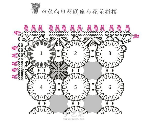 方形带流苏坐垫的钩法图解 双色向日葵图案~(图3) 方形带流苏坐垫的钩法图解 双色向日葵图案~(图3)
