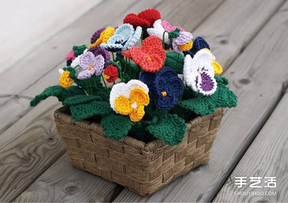手工针织逼真的三色堇花盆栽花篮图解教程 - 诺云双维造物网