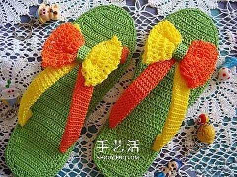 色彩活泼拖鞋的织法 手工编织人字拖鞋图解 - 诺云双维造物网
