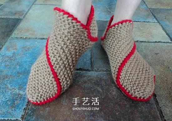 两种毛线搭配 手工编织漂亮地板鞋的织法图解(图17)