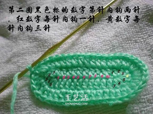 用钩织编织简单又漂亮婴儿鞋的方法步骤图(图9) 用钩织编织简单又漂亮婴儿鞋的方法步骤图(图9)