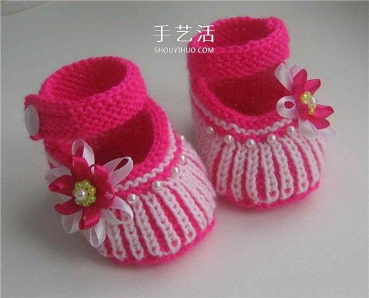 女宝宝保暖毛线鞋编织图解 带扣带和花朵装饰(图16) 女宝宝保暖毛线鞋编织图解 带扣带和花朵装饰(图16)