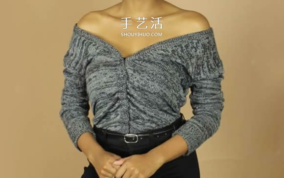 普通开衫毛衣改造 DIY露肩皱褶上衣的方法(图11) 普通开衫毛衣改造 DIY露肩皱褶上衣的方法(图11)